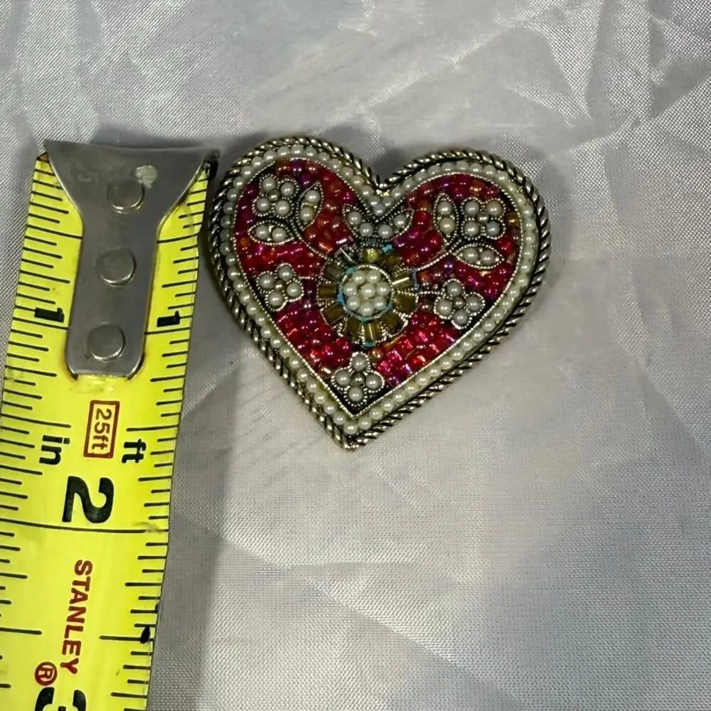 Liz Claiborne Heart Brooch Red Mosaic Rhinestone Faux Pearl Pin
